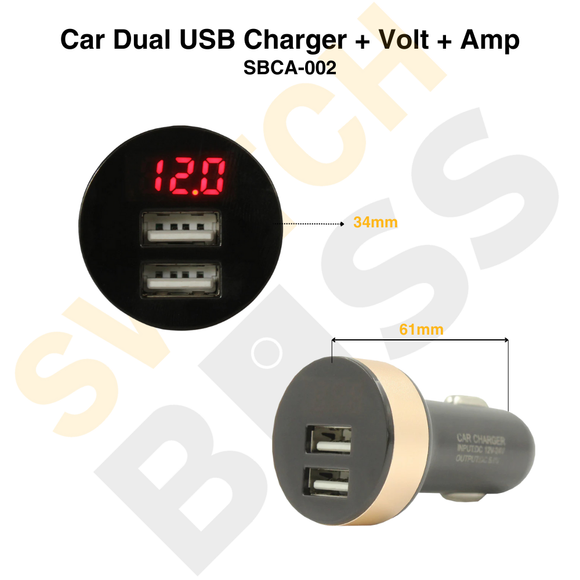 Car Dual USB Charger + Volt + Amp