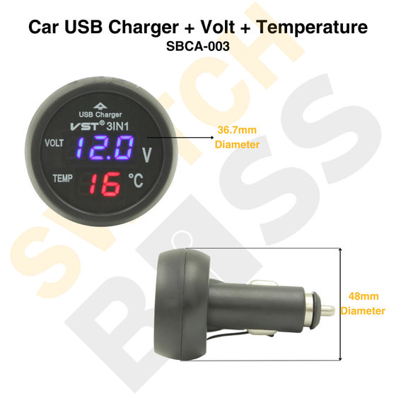 Car USB Charger + Volt + Temperature