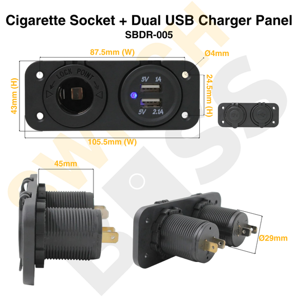 Cigarette Socket + Dual USB Charger Panel