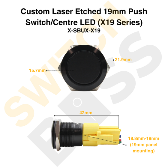 Custom Laser Etched 19mm Push Switch/Centre LED (X19 Series)