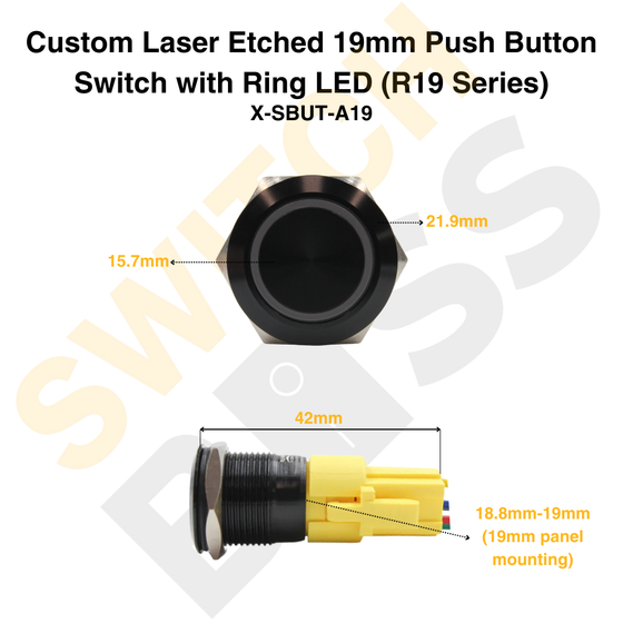 Custom Laser Etched 19mm Push Switch/Ring LED (R19 Series)