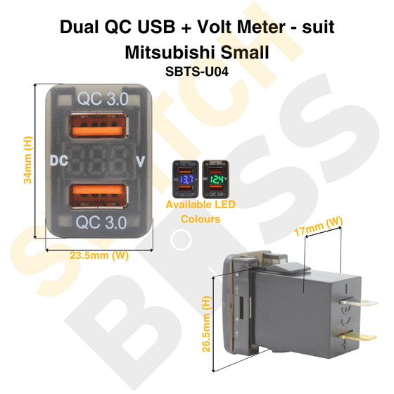 Dual QC USB + Volt Meter - suit Mitsubishi Small