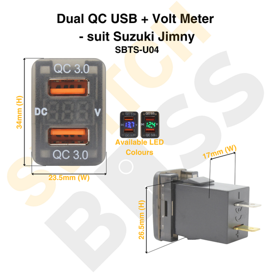 Dual QC USB + Volt Meter - suit Suzuki Jimny