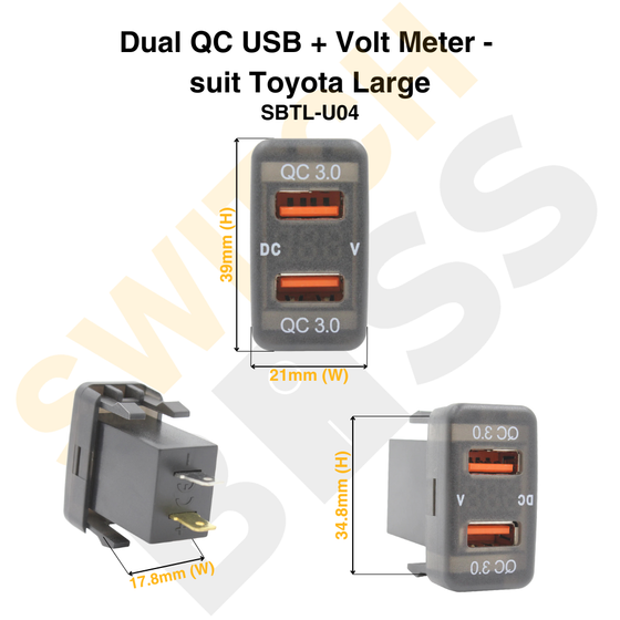 Dual QC USB + Volt Meter - suit Toyota Large