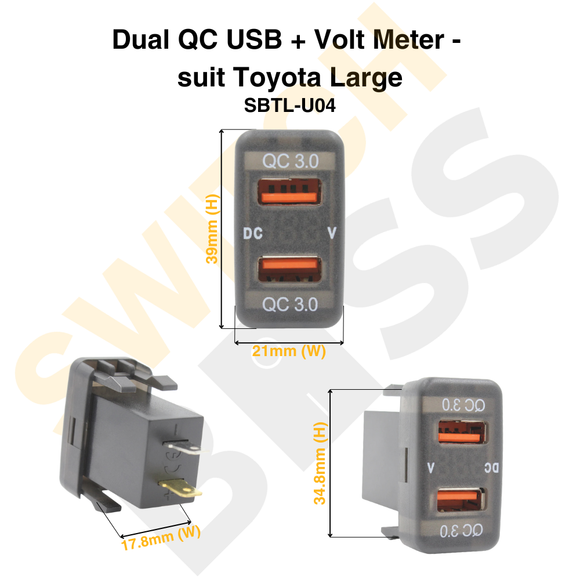 Dual QC USB + Volt Meter - suit Toyota Large