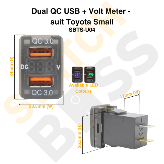 Dual QC USB + Volt Meter - suit Toyota Small