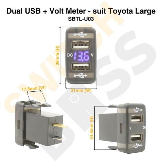 Dual USB + Volt Meter - suit Toyota Large