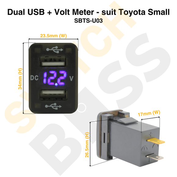 Dual USB + Volt Meter - suit Toyota Small