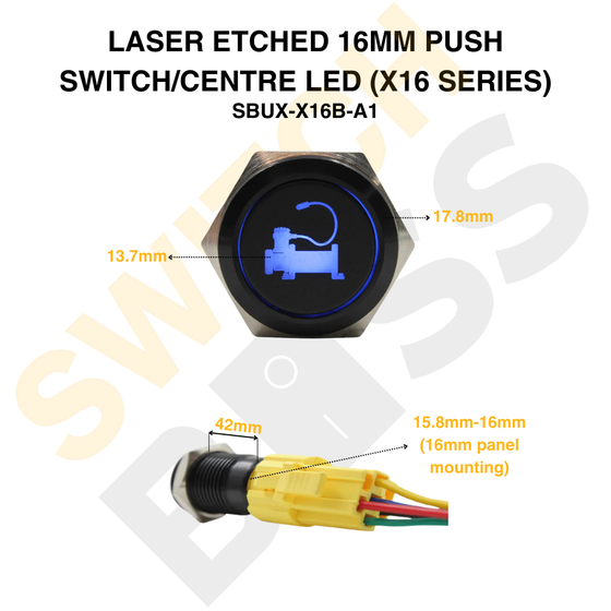Laser Etched 16mm Push Switch/Centre LED (X16 Series)