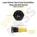 Laser Etched 19mm Push Switch/Blue Ring LED (R19 Series)-32