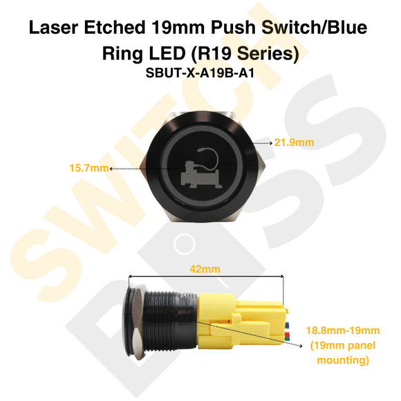 Laser Etched 19mm Push Switch/Blue Ring LED (R19 Series)