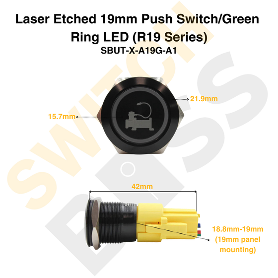 Laser Etched 19mm Push Switch/Green Ring LED (R19 Series)