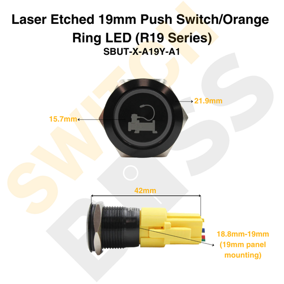 Laser Etched 19mm Push Switch/Orange Ring LED (R19 Series)