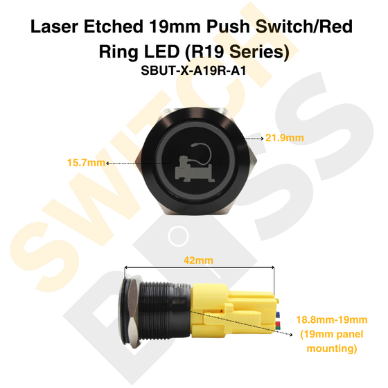 Laser Etched 19mm Push Switch/Red Ring LED (R19 Series)