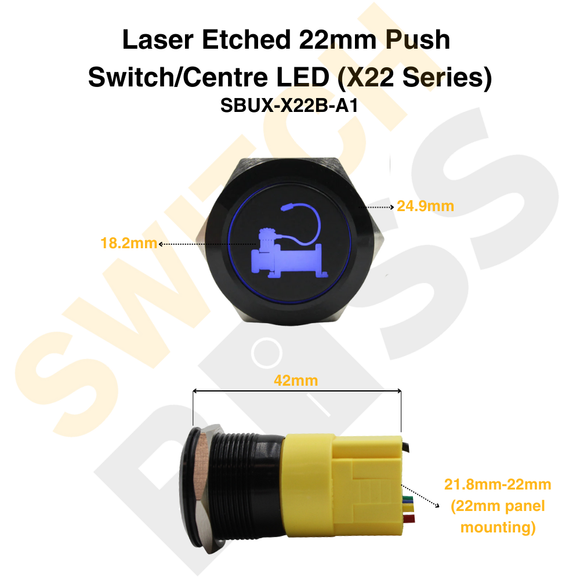 Laser Etched 22mm Push Switch/Centre LED (X22 Series)