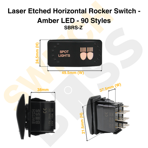 Laser Etched Horizontal Rocker Switch - Amber LED - 90 Styles