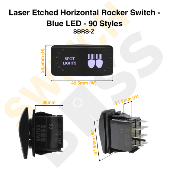 Laser Etched Horizontal Rocker Switch - Blue LED - 90 Styles