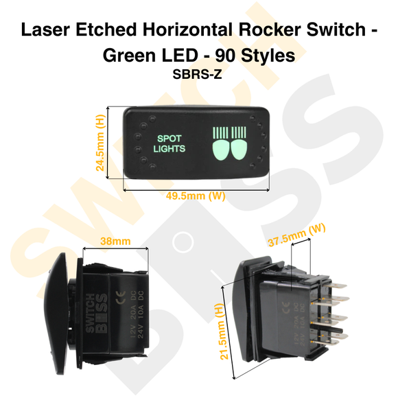 Laser Etched Horizontal Rocker Switch - Green LED - 90 Styles