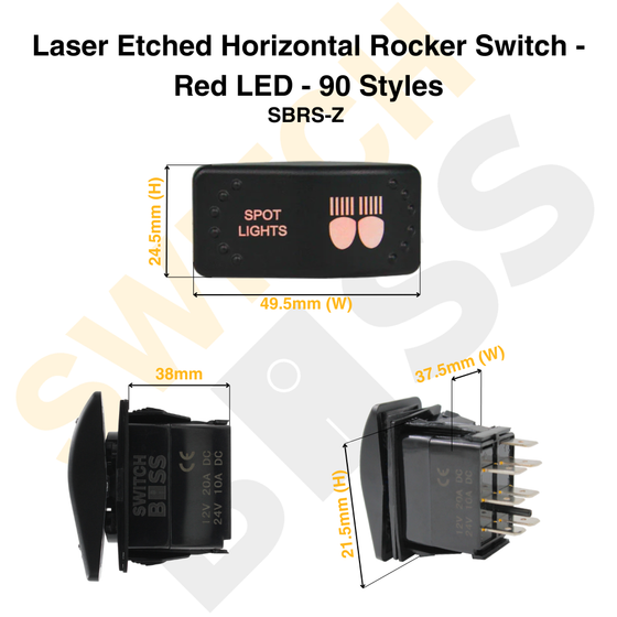 Laser Etched Horizontal Rocker Switch - Red LED - 90 Styles