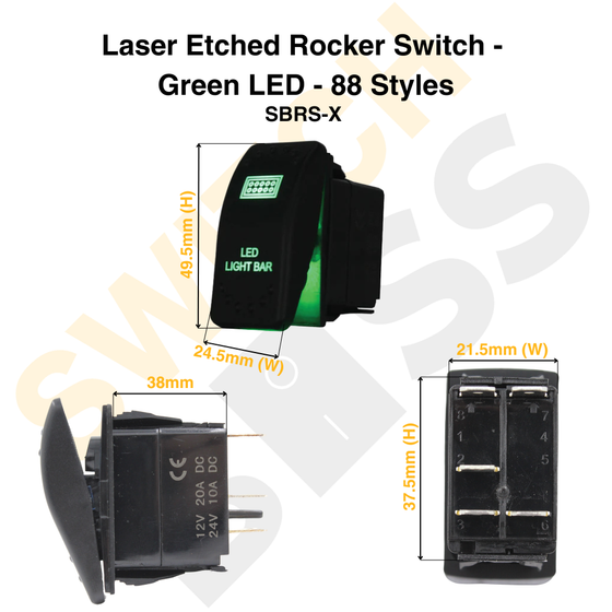 Laser Etched Rocker Switch - Green LED - 88 Styles