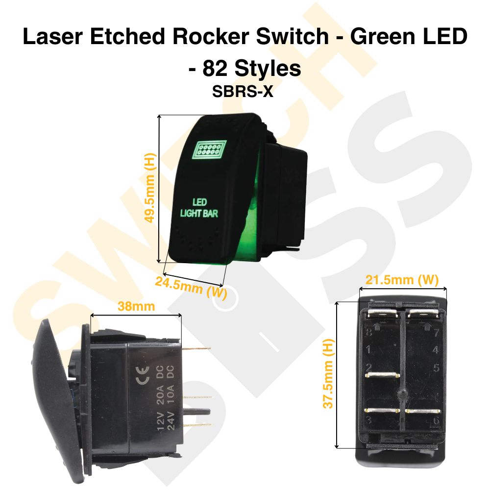 Laser Etched Rocker Switch - Green LED - 88 Styles