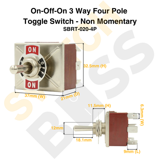 On-Off-On 3 Way Four Pole Toggle Switch - Non Momentary