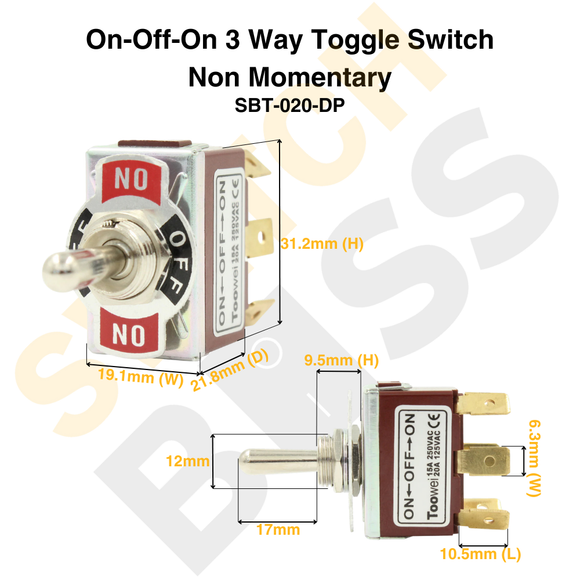 On-Off-On 3 Way Toggle Switch - Non Momentary