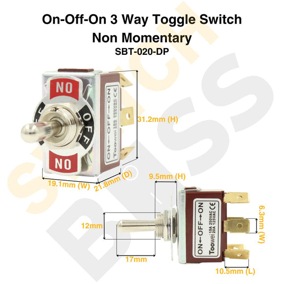 On-Off-On 3 Way Toggle Switch - Non Momentary