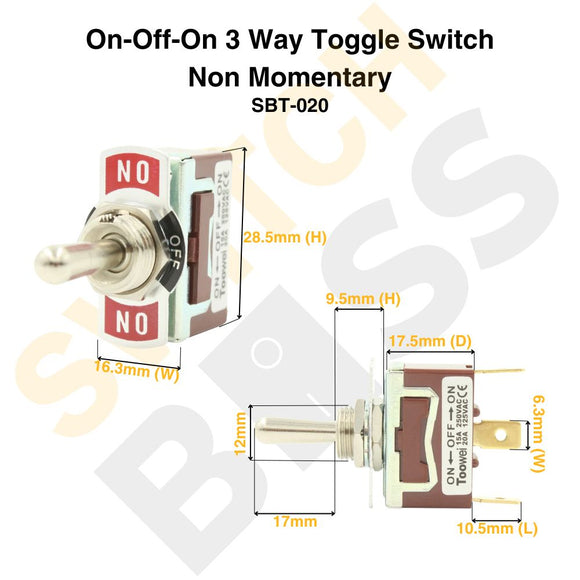 On-Off-On 3 Way Toggle Switch - Non Momentary