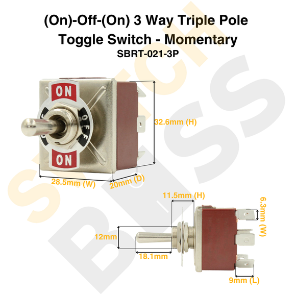 (On)-Off-(On) 3 Way Triple Pole Toggle Switch - Momentary