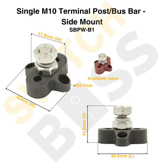 Single M10 Terminal Post/Bus Bar - Side Mount