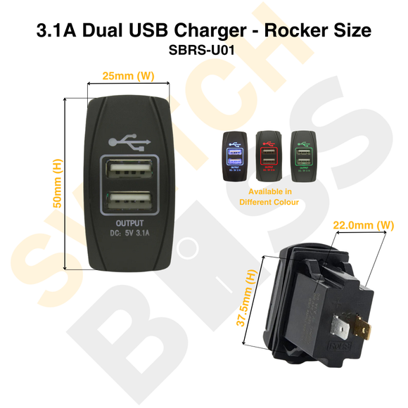 3.1A Dual USB Charger - Rocker Size