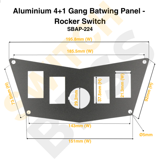 Aluminium 4+1 Gang Batwing Panel - Rocker Switch