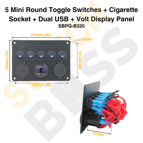 5 Mini Round Toggle Switches + Cigarette Socket + Dual USB + Volt Display Panel