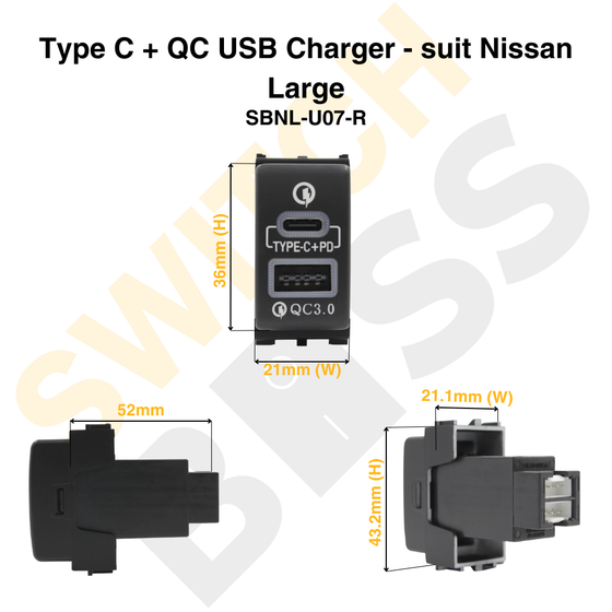 Type C + QC USB Charger - suit Nissan Large