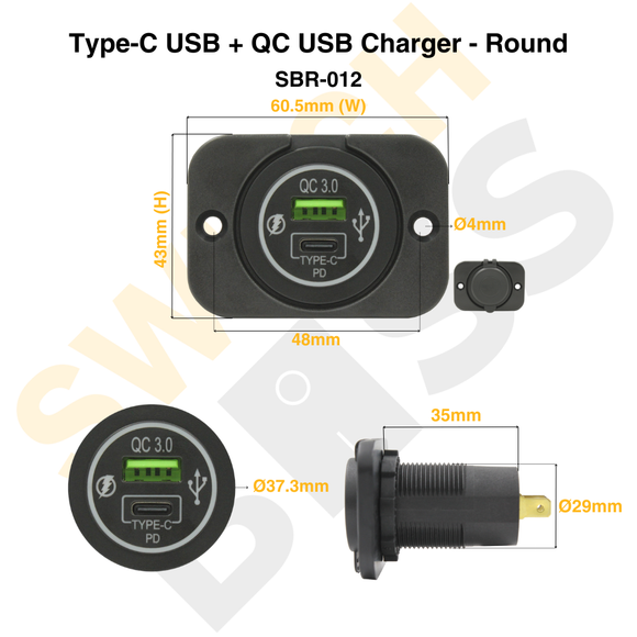 Type-C USB + QC USB Charger - Round