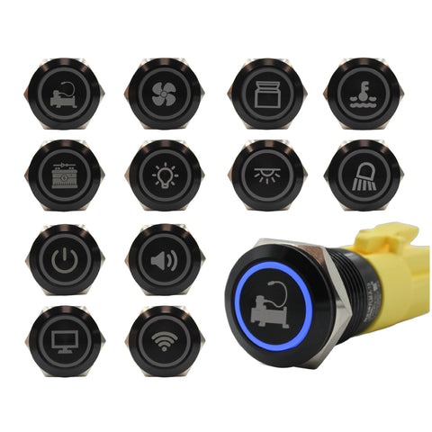 Laser Etched 19mm Push Switch/Blue Ring LED (R19 Series)
