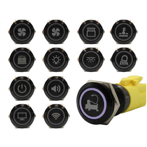 Laser Etched 19mm Push Switch/White Ring LED (R19 Series)