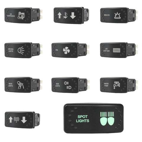 Laser Etched Horizontal Rocker Switch - Green LED - 42 Styles