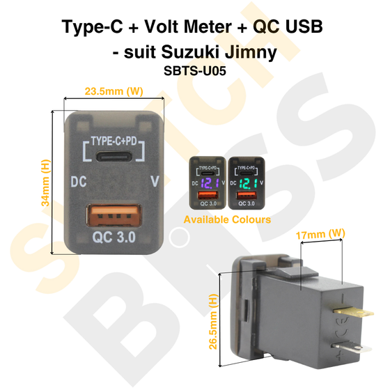 Type-C + Volt Meter + QC USB - suit Suzuki Jimny