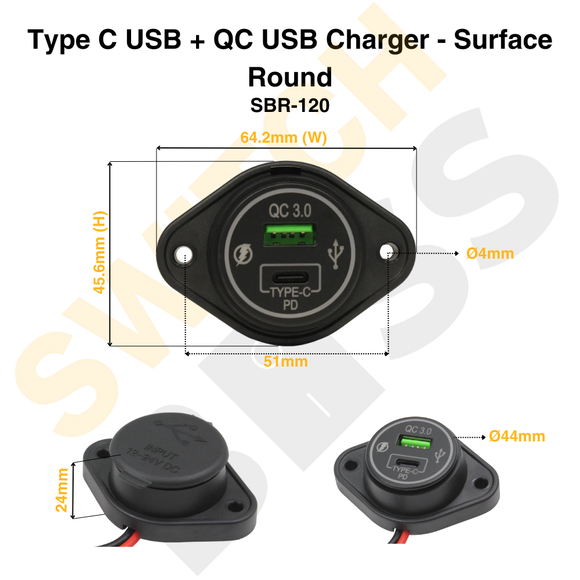 Type C USB + QC USB Charger - Surface Round