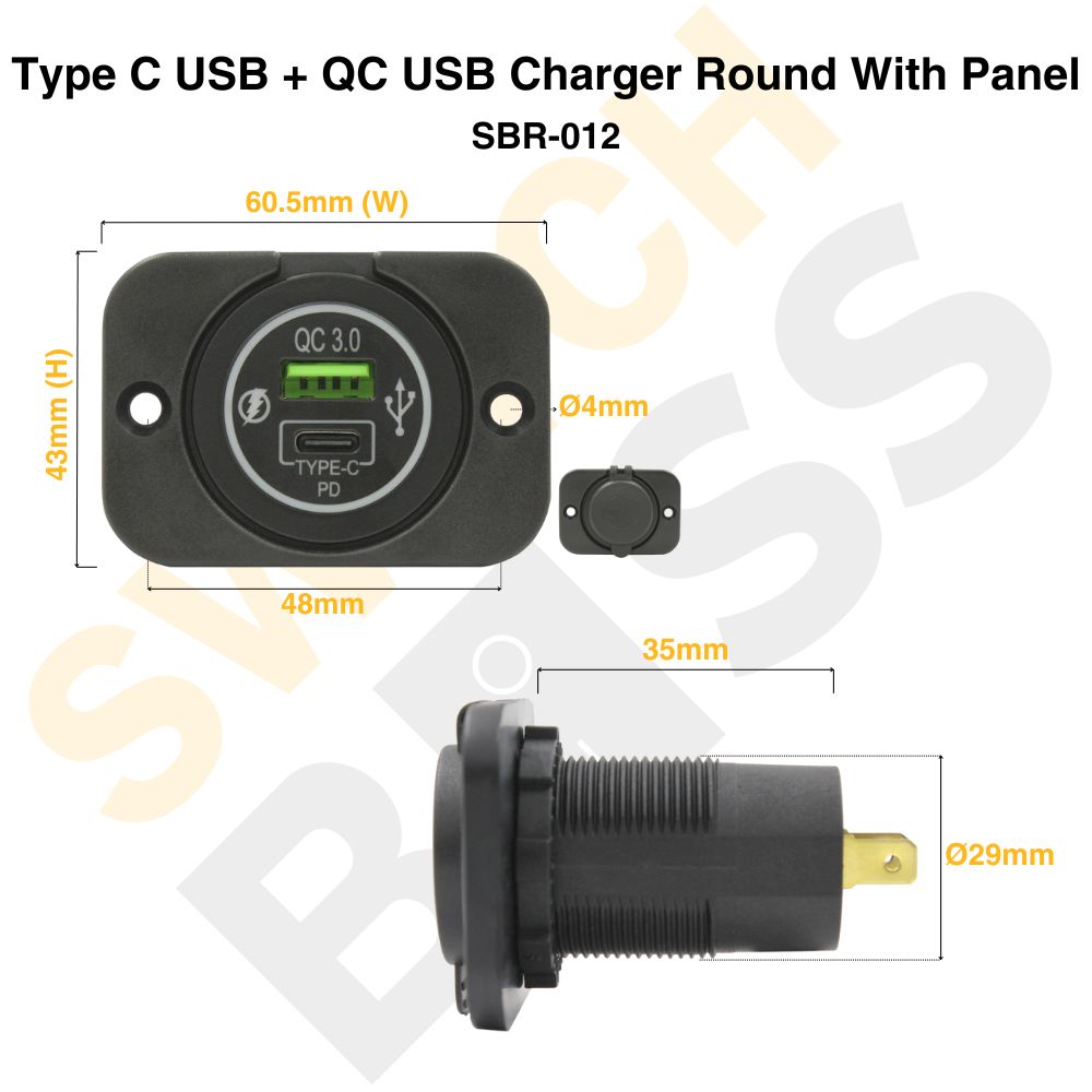 Sizing Guide Type C USB + QC USB Charger Round with Panel