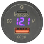 USB Type C  + Volt Meter + USB Charger - Round