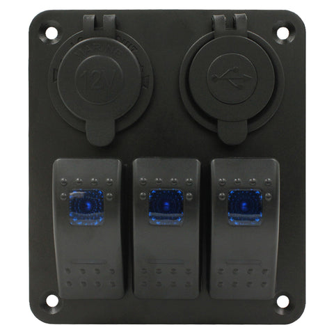 3 Rocker Switch + Cig Socket + 3.1A Dual USB Panel by Switch Boss